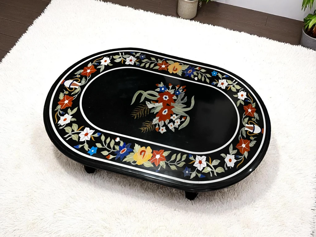 Oval Marble Table with Semi Precious Art